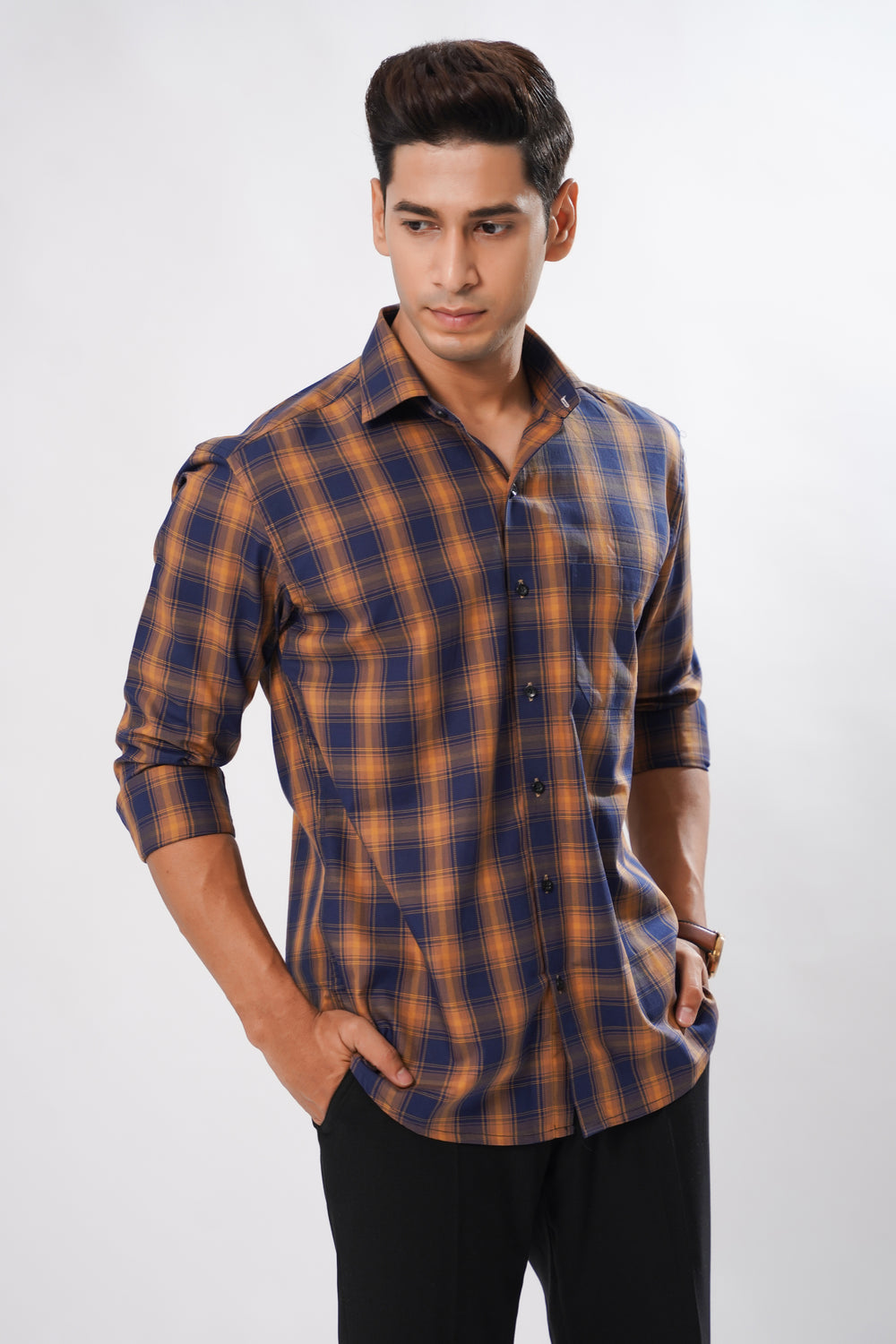 Men's Blue & Yellow Check Giza Cotton Shirt