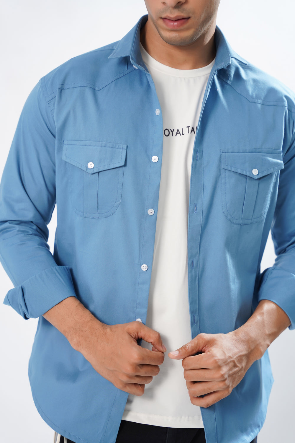 Men's Blue Cargo Pocket Cotton Shirt