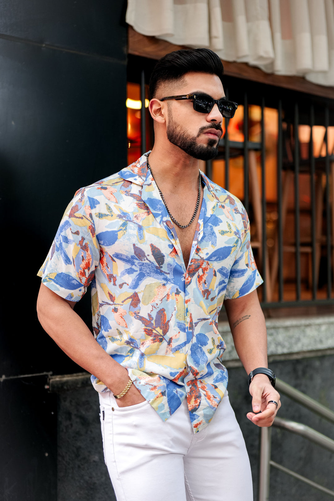 Blue Leaf Print Rayon Cuban Collar Shirt for men – ROYALTAIL