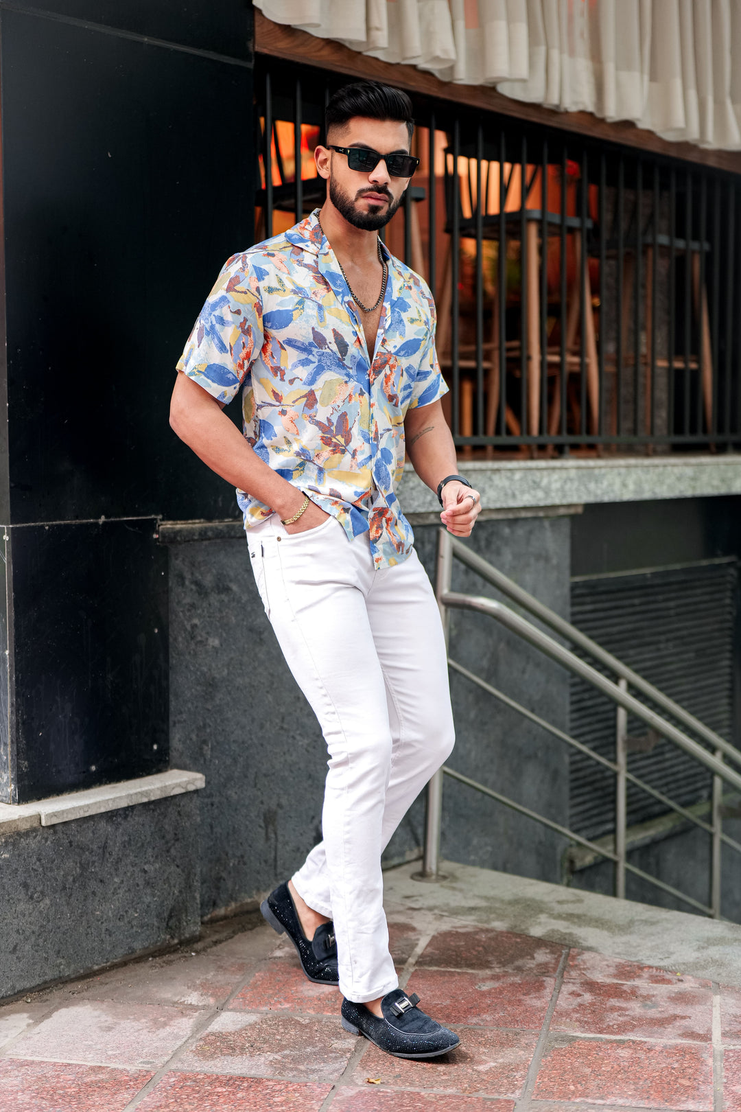 Blue Leaf Print Rayon Cuban Collar Shirt by ROYALTAIL