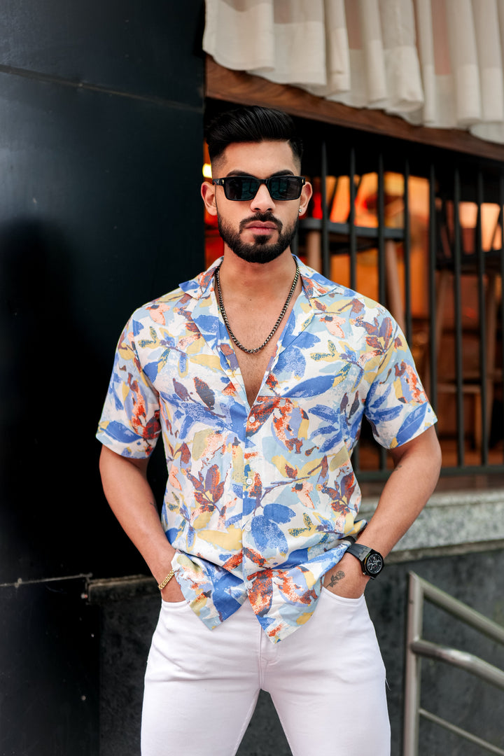 Blue Leaf Print Rayon Cuban Collar Shirt for men, photo 4