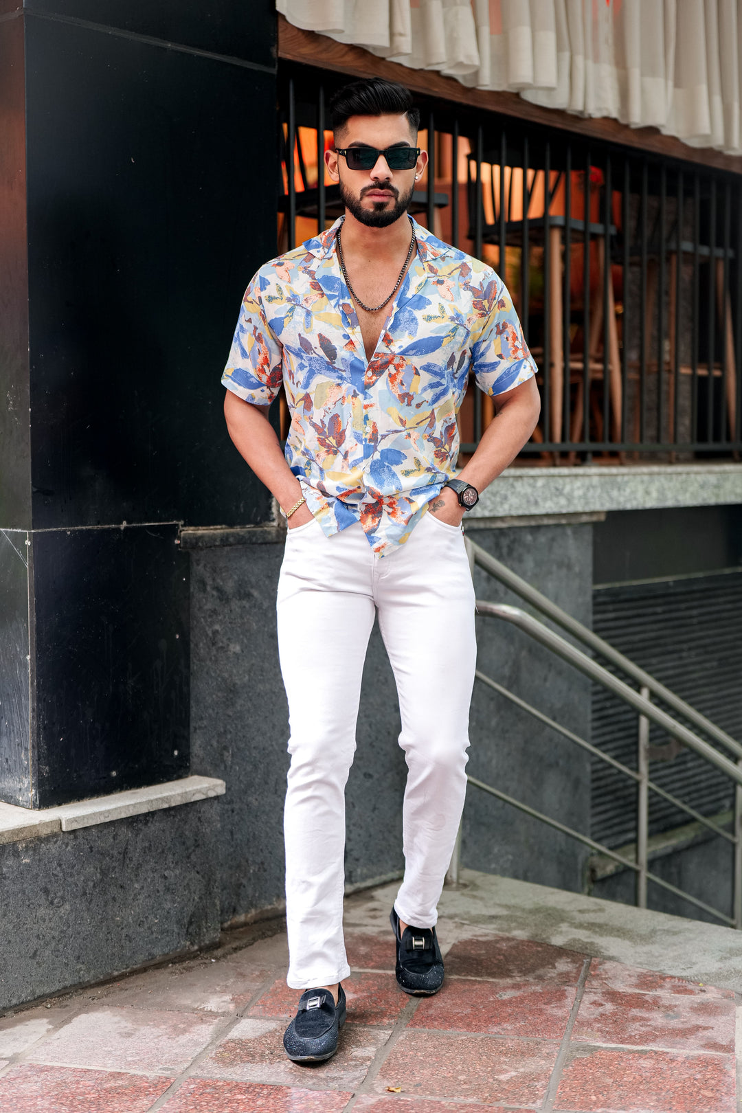 Blue Leaf Print Rayon Cuban Collar Shirt for men, photo 5