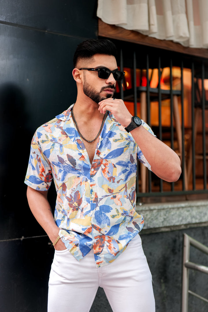Blue Leaf Print Rayon Cuban Collar Shirt for men, photo 6