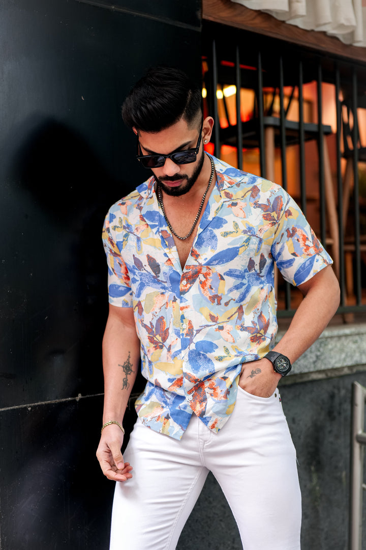 Blue Leaf Print Rayon Cuban Collar Shirt for men, photo 7