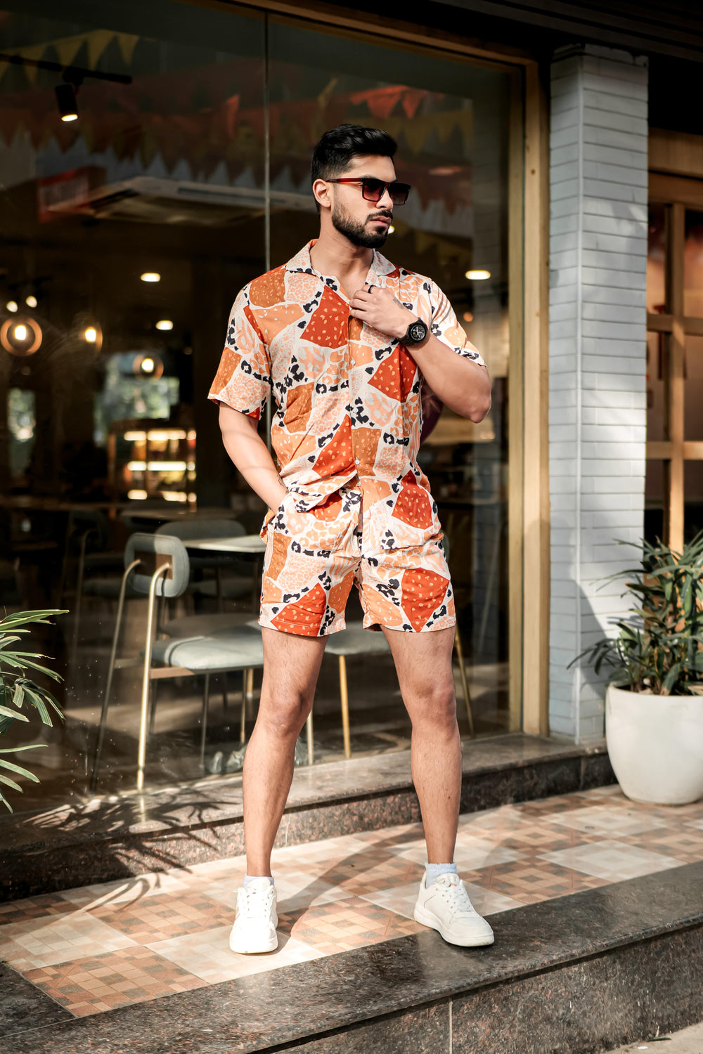 Men's Brown & White Print Rayon Co-ord Set