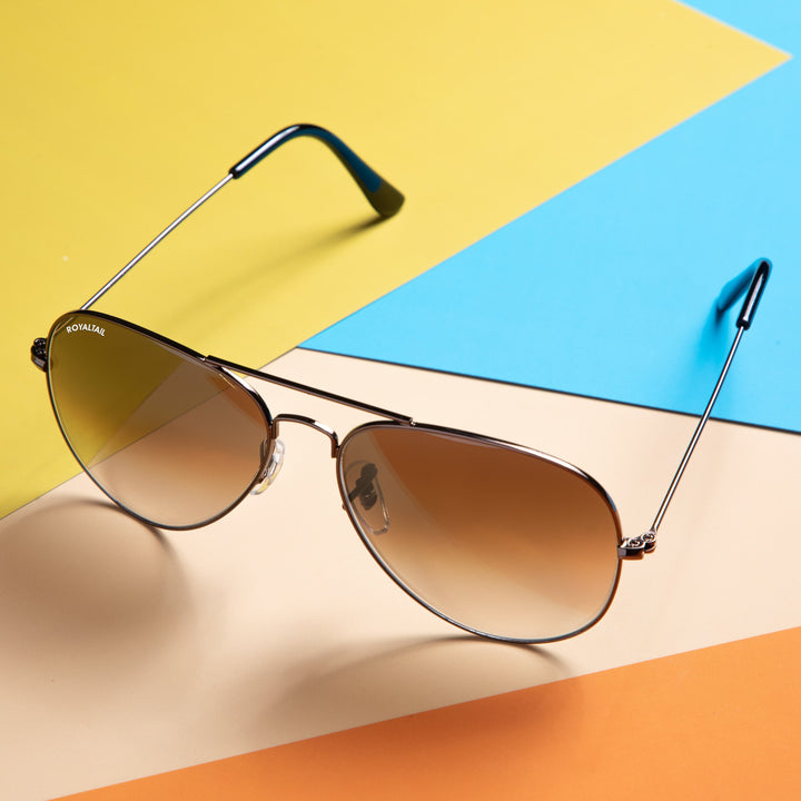 Brown aviator sunglasses with dark brown gradient lenses, photo 11