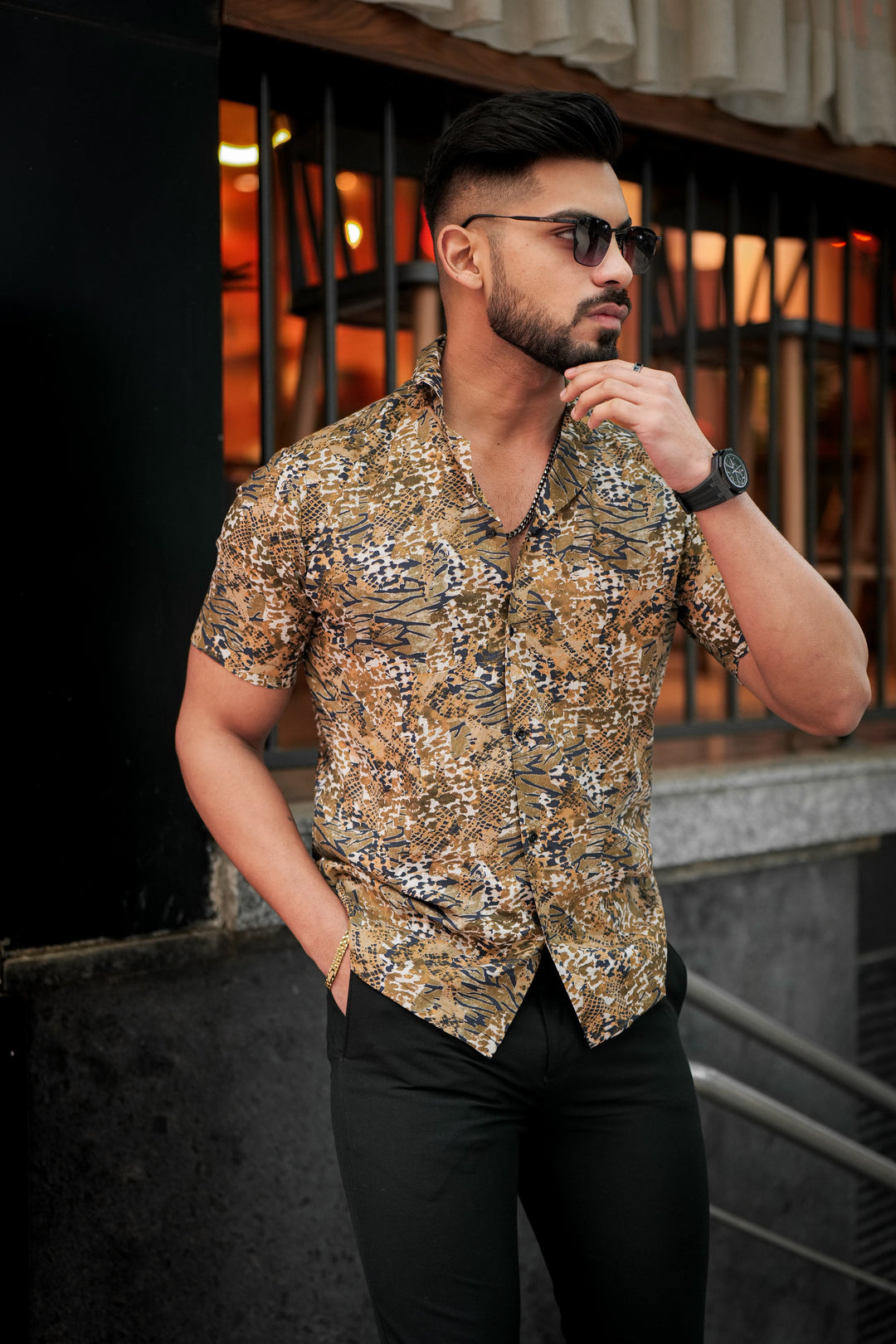 Brown Multicolour Print Rayon Cuban Collar Shirt for men – ROYALTAIL
