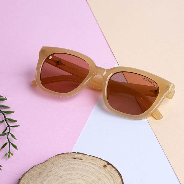 Square sunglasses for men and women, brown frame and light pink lenses