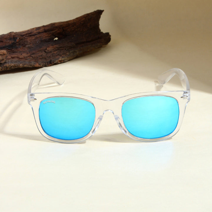 Wayfarer sunglasses for men and women, clear frame and aqua blue lenses
