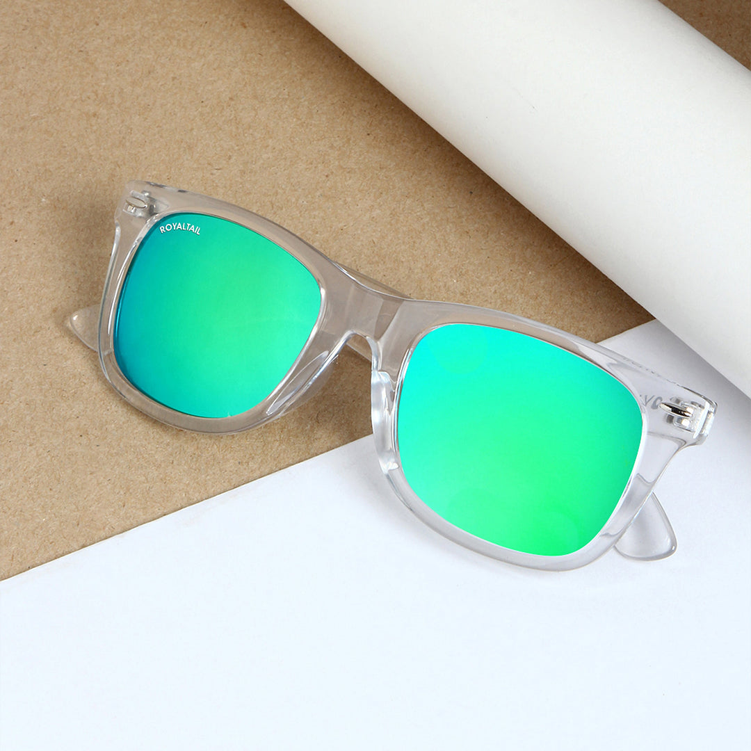 Clear wayfarer sunglasses with aqua green lenses – ROYALTAIL