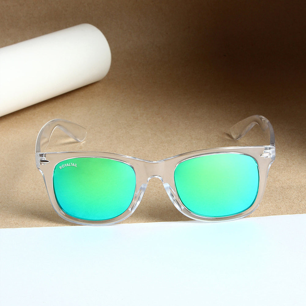 Wayfarer sunglasses for men and women, clear frame and aqua green lenses