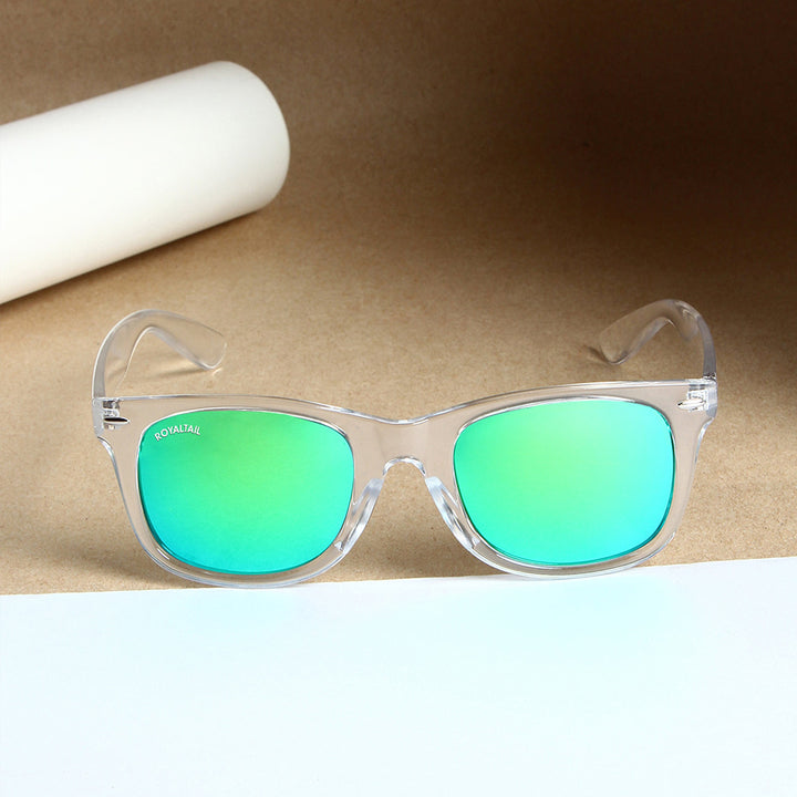 Wayfarer sunglasses for men and women, clear frame and aqua green lenses