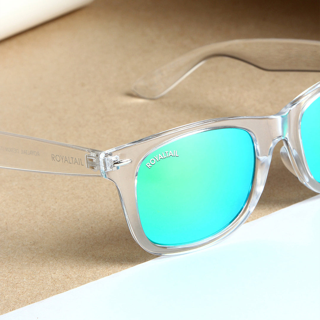 ROYALTAIL clear wayfarer sunglasses, aqua green lens