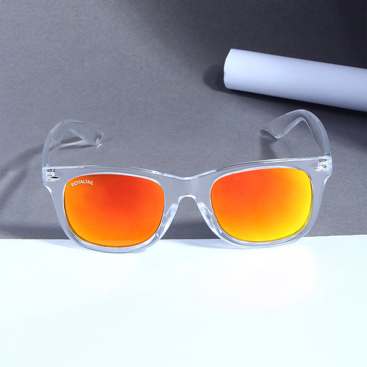 Wayfarer sunglasses for men and women, clear frame and orange lenses