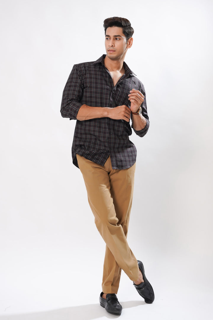 Men's Dark Brown & White Plaid Giza Cotton Shirt