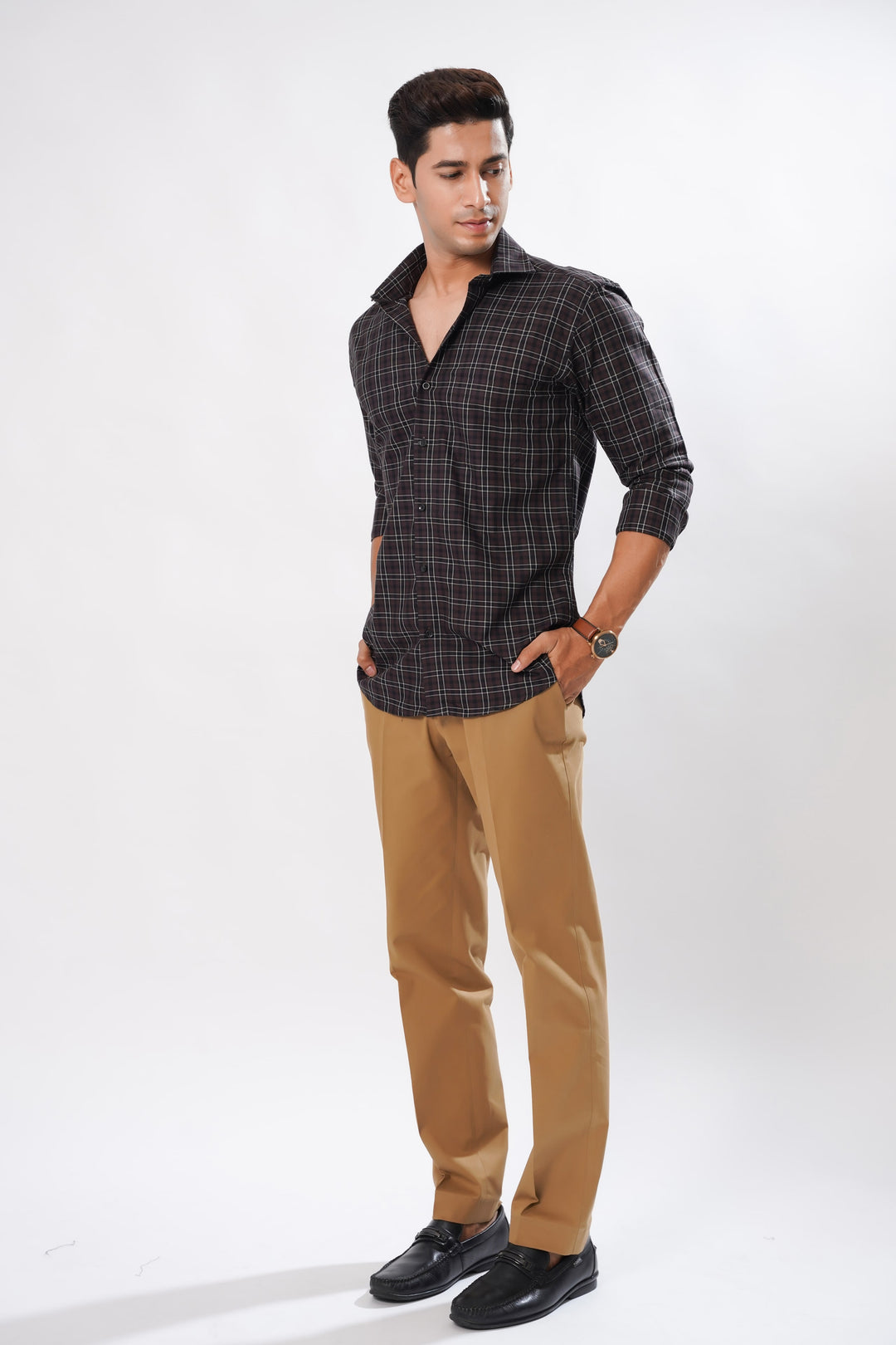 Dark Brown & White Plaid Giza Cotton Shirt for men, photo 4