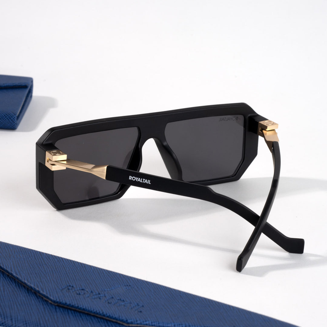 Gold and black rectangle sunglasses with black lenses, photo 4