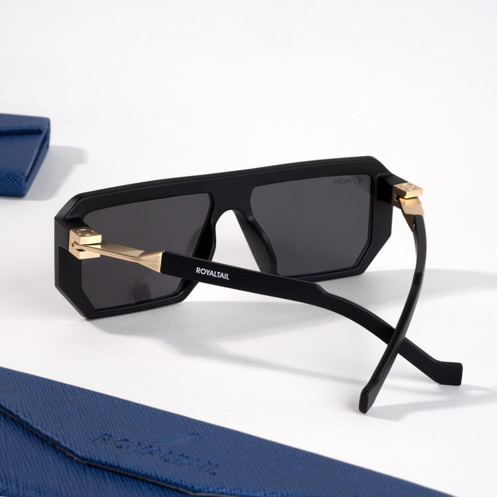 Gold and black rectangle sunglasses with black lenses, photo 4