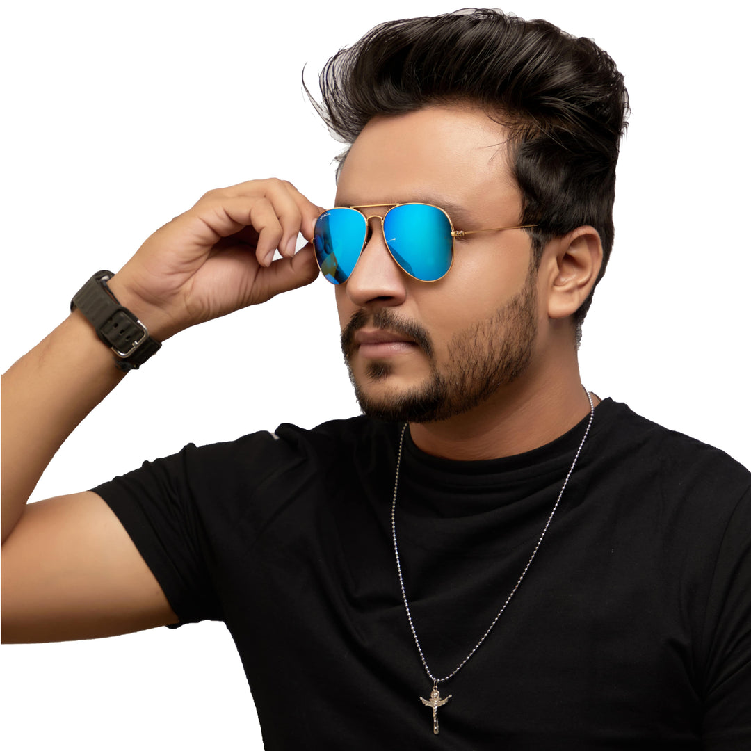 Aviator sunglasses for men and women, gold frame and blue mirror lenses