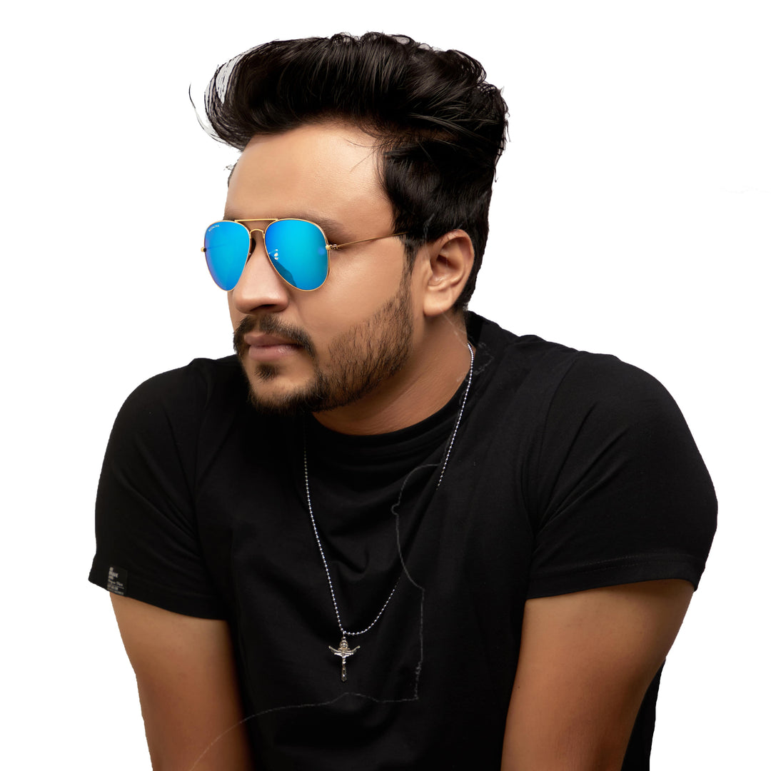 Gold aviator sunglasses with blue mirror lenses, photo 6
