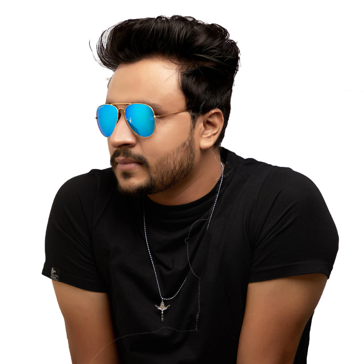 Gold aviator sunglasses with blue mirror lenses, photo 6