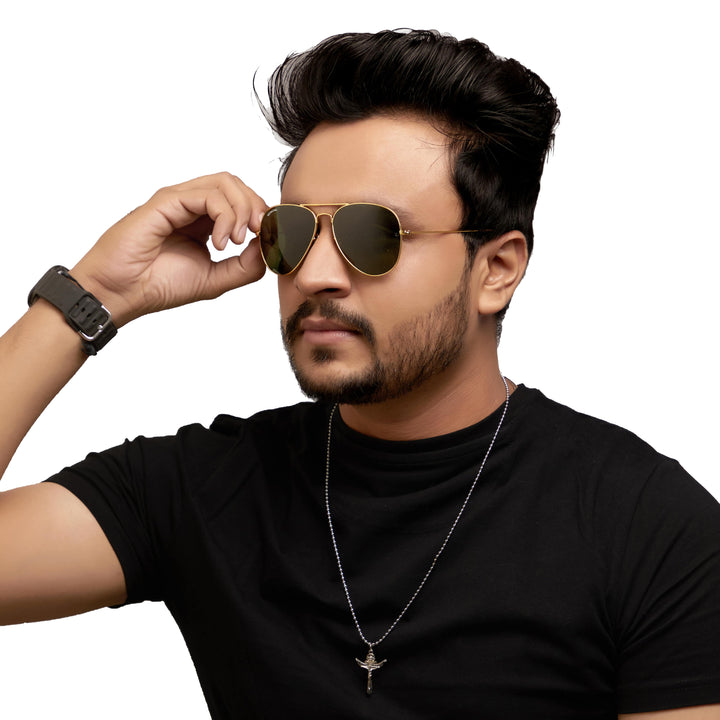 Gold aviator sunglasses with green lenses, photo 8