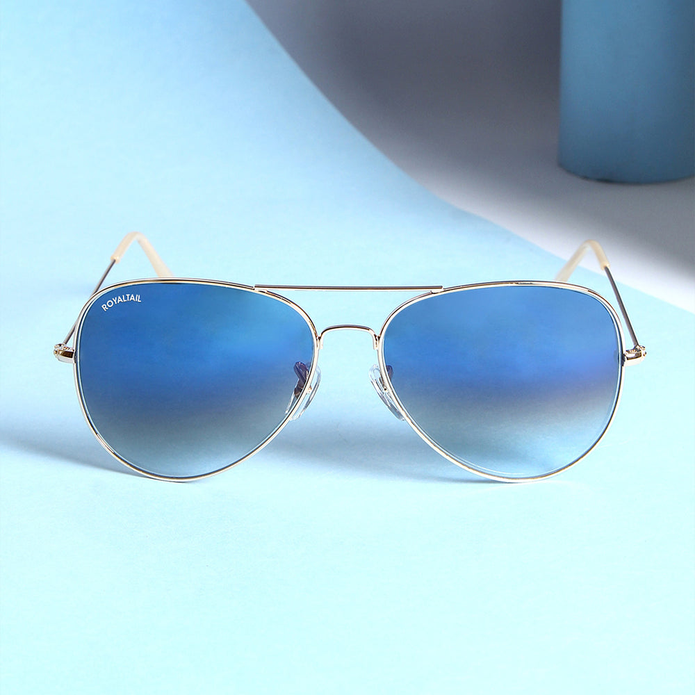 Aviator sunglasses for men and women, gold frame and light blue gradient lenses
