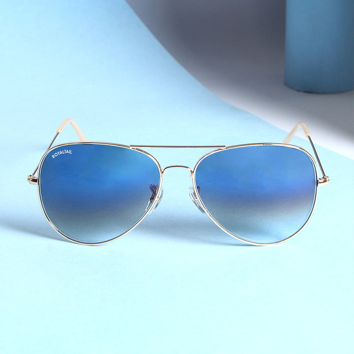 Aviator sunglasses for men and women, gold frame and light blue gradient lenses
