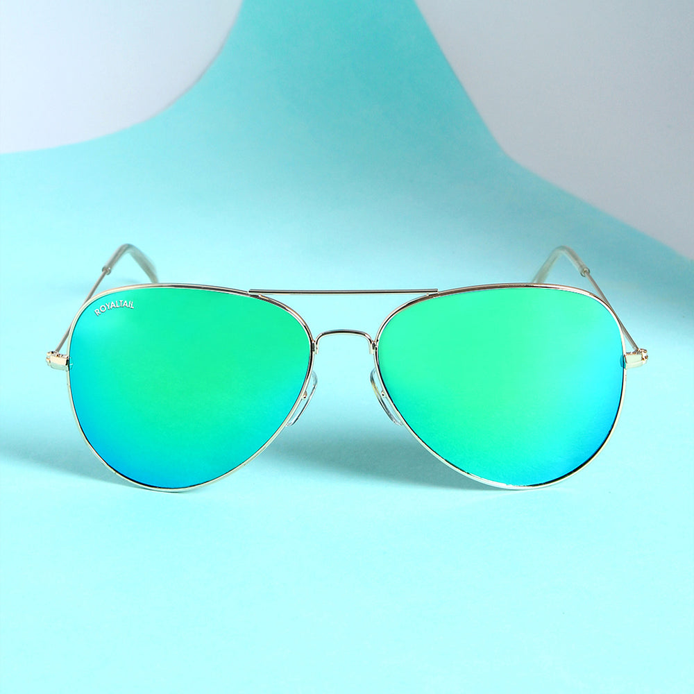 Aviator sunglasses for men and women, gold frame and sea green lenses