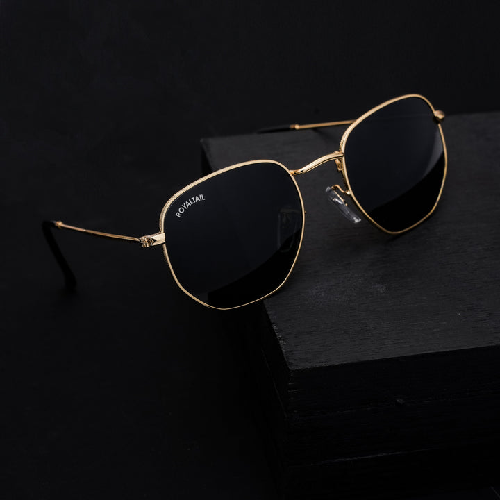 Gold hexagonal sunglasses with black lenses – ROYALTAIL