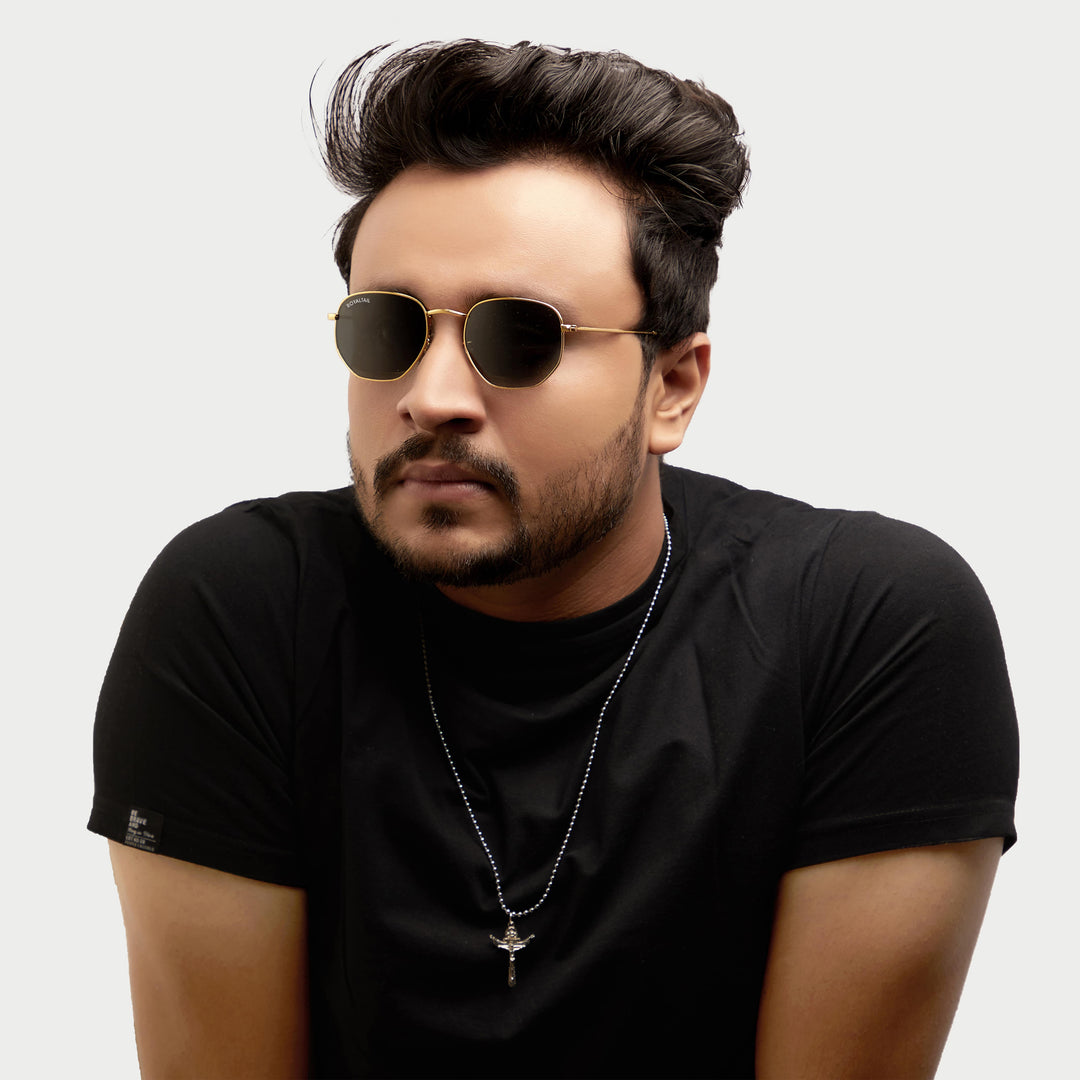 Gold hexagonal sunglasses with black lenses, photo 10