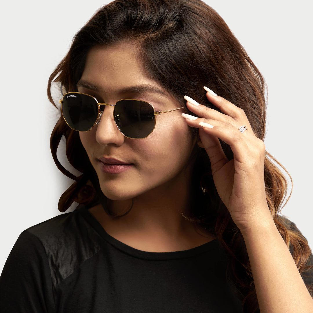 ROYALTAIL gold hexagonal sunglasses, black lens