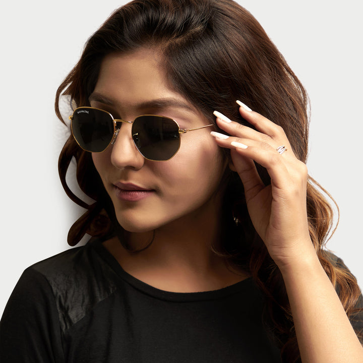 ROYALTAIL gold hexagonal sunglasses, black lens