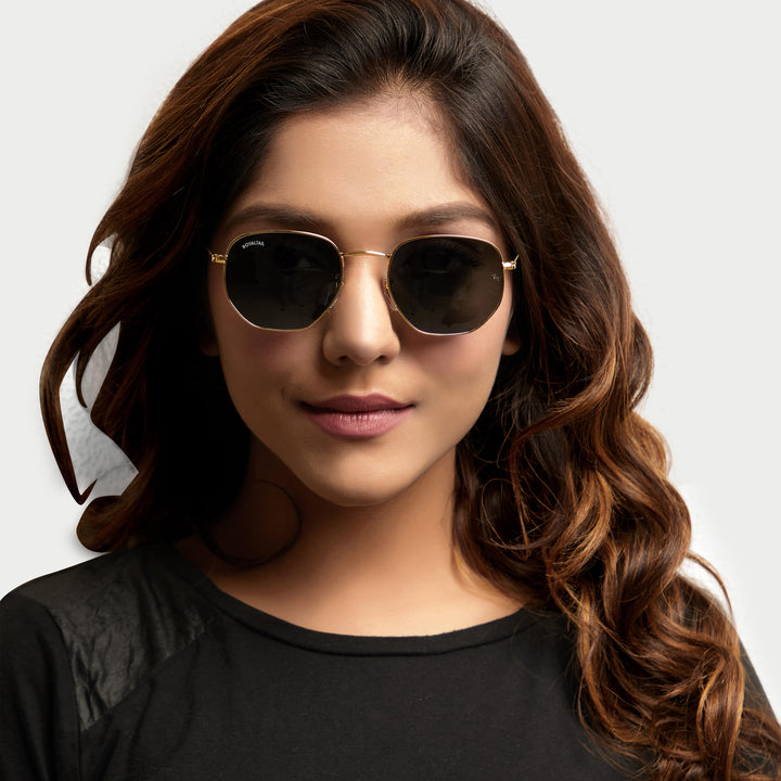 Gold hexagonal sunglasses with black lenses, photo 9