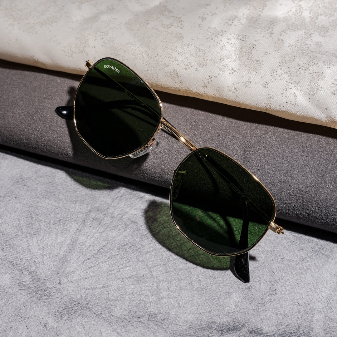 Gold hexagonal sunglasses with green lenses – ROYALTAIL