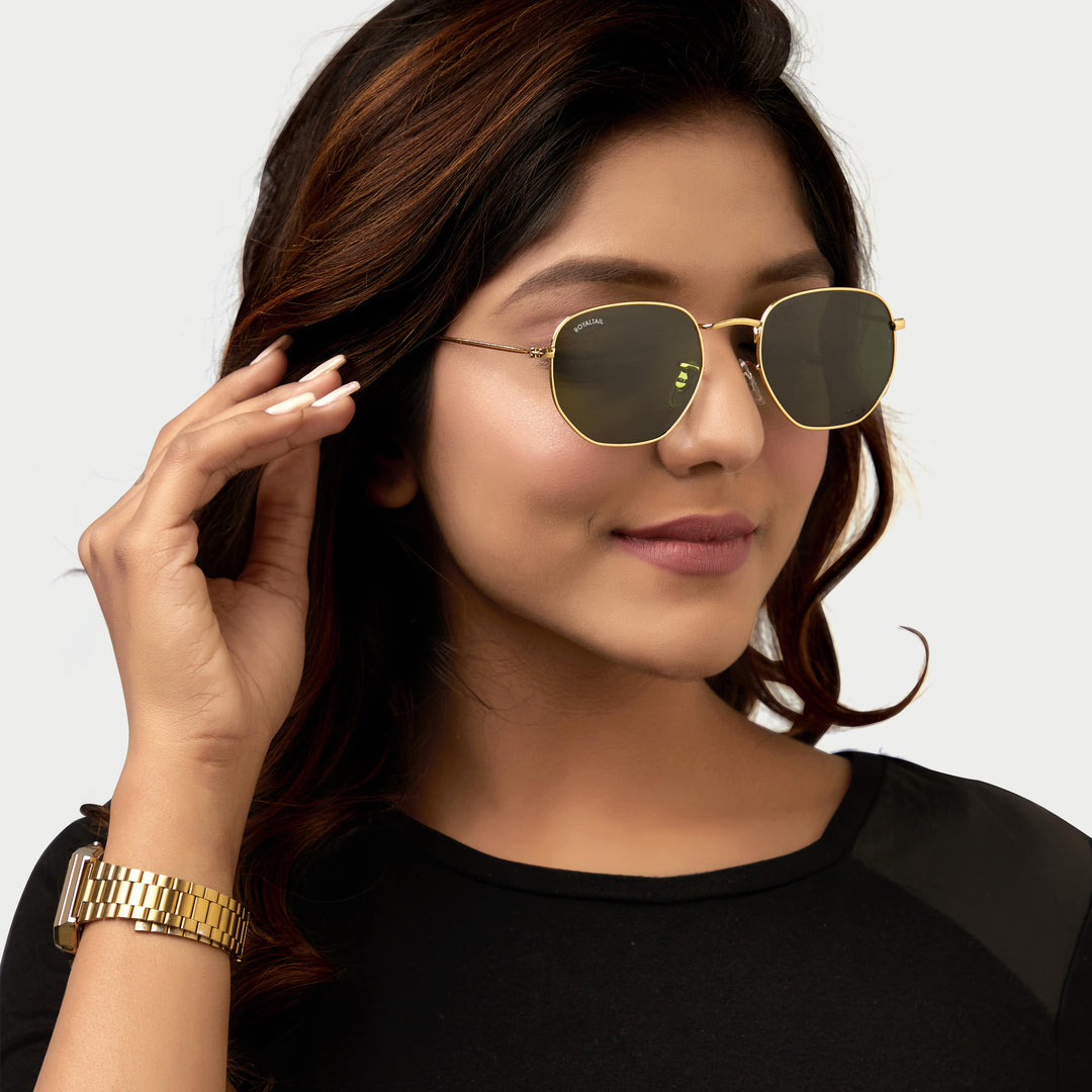 ROYALTAIL gold hexagonal sunglasses, green lens