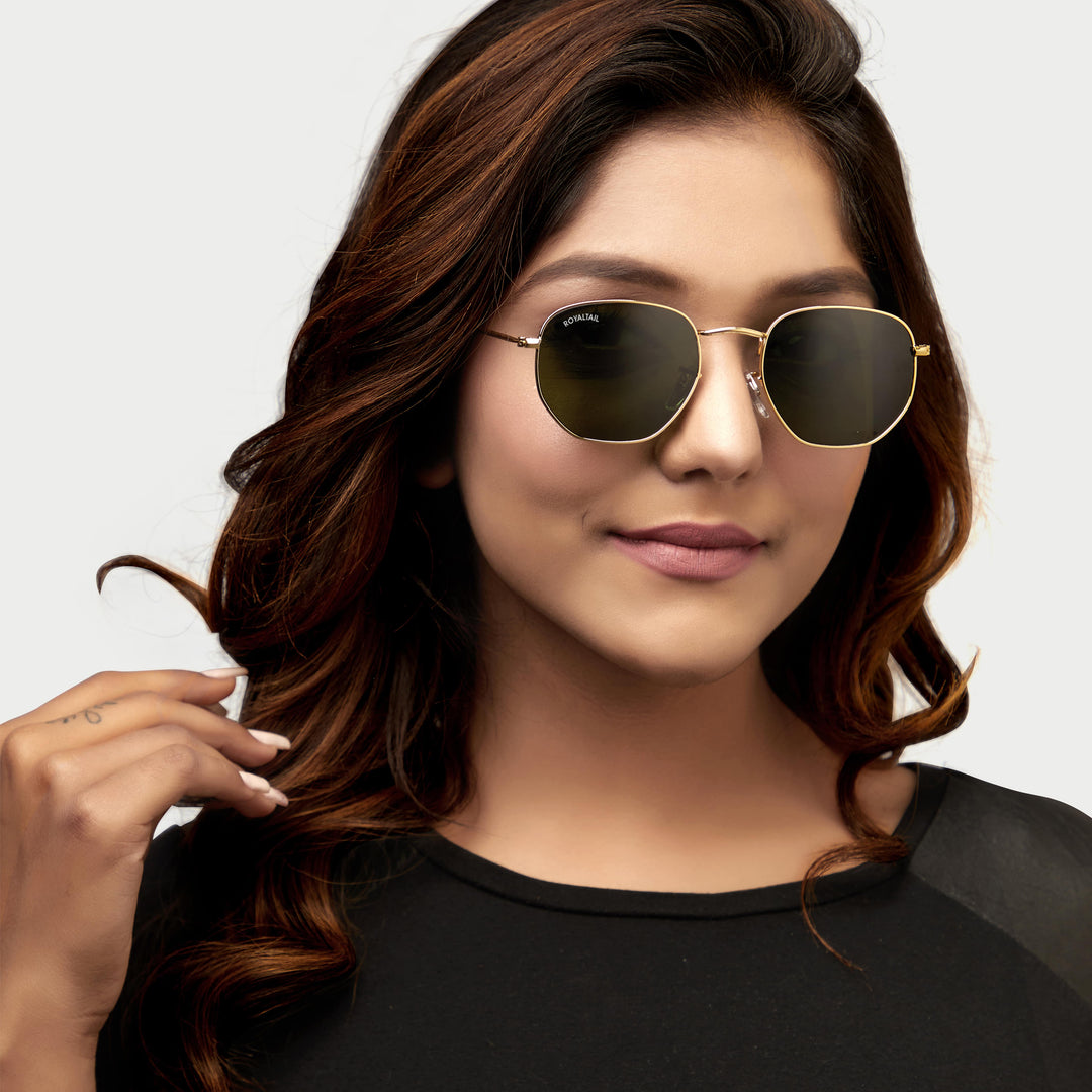 Gold hexagonal sunglasses with green lenses, photo 9
