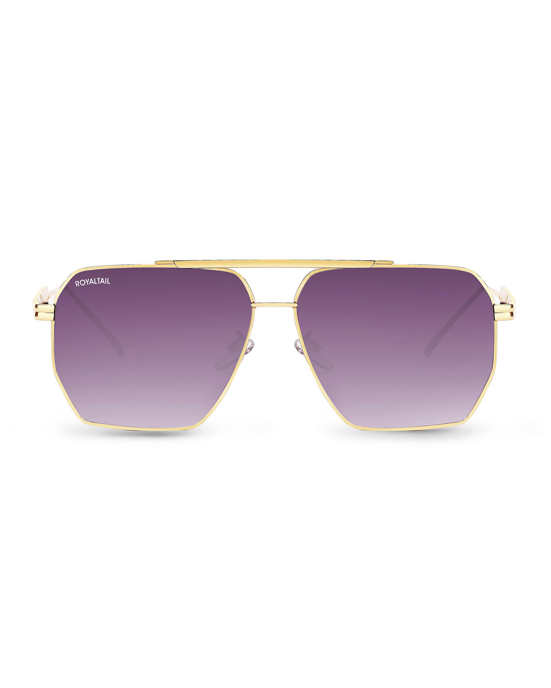 Gold metal square sunglasses with purple lenses – ROYALTAIL