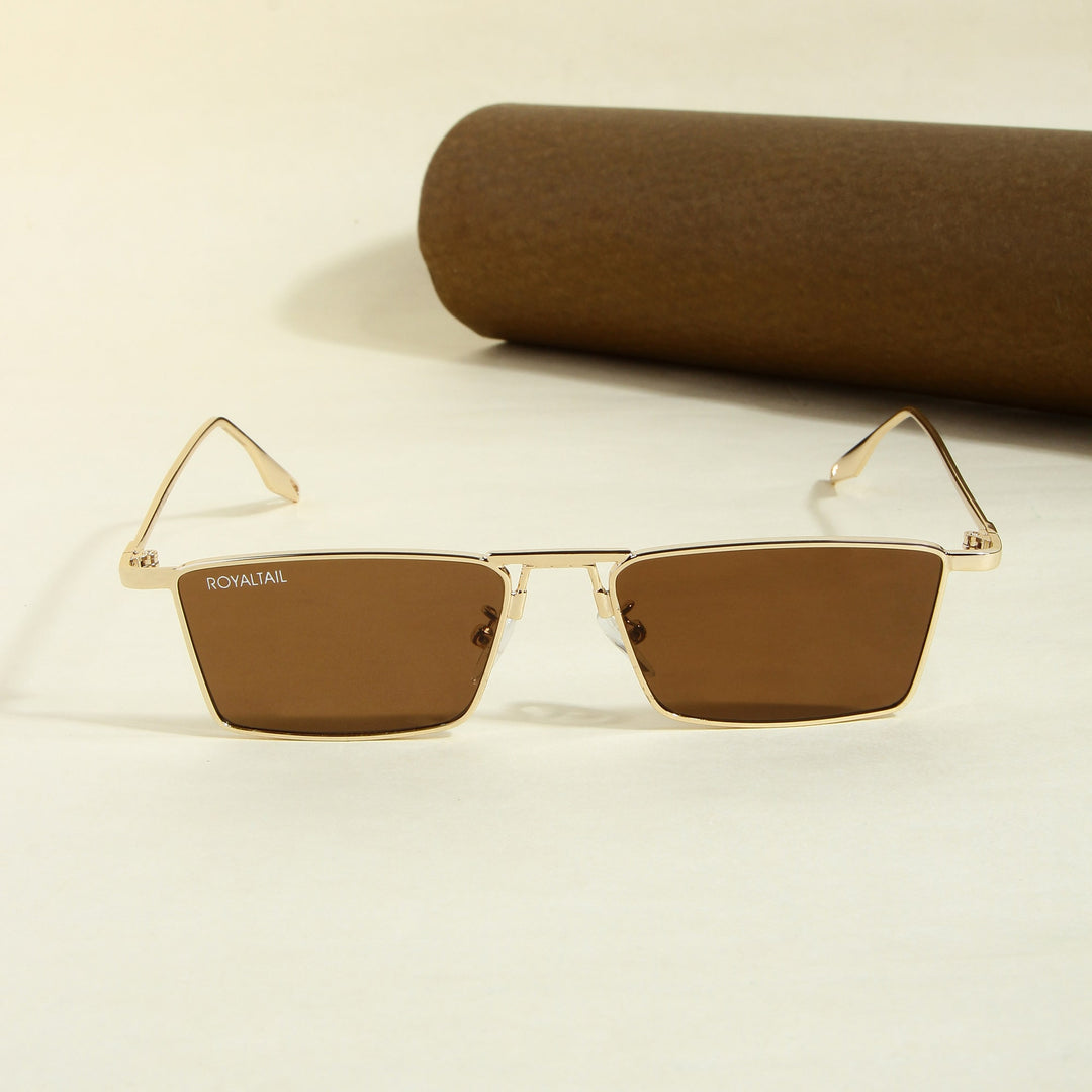 Rectangle sunglasses for men and women, gold frame and brown lenses