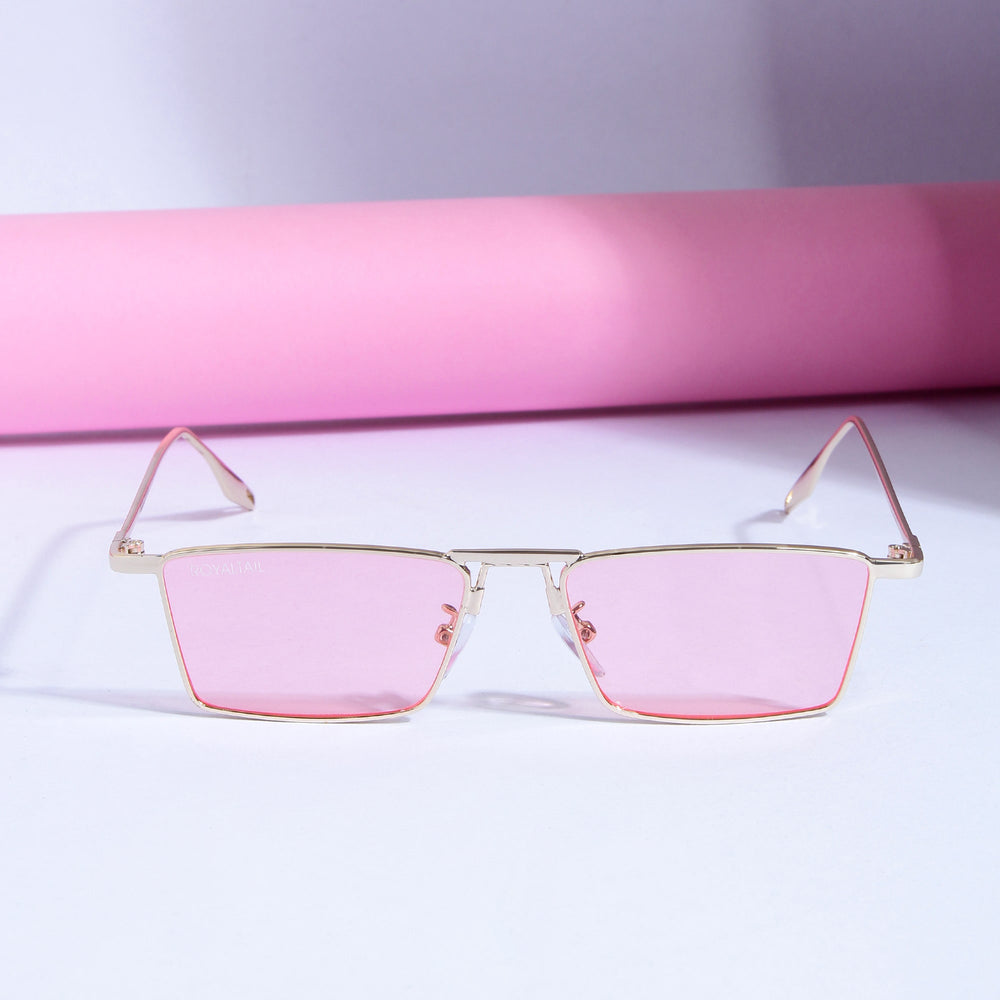 Rectangle sunglasses for men and women, gold frame and pink lenses