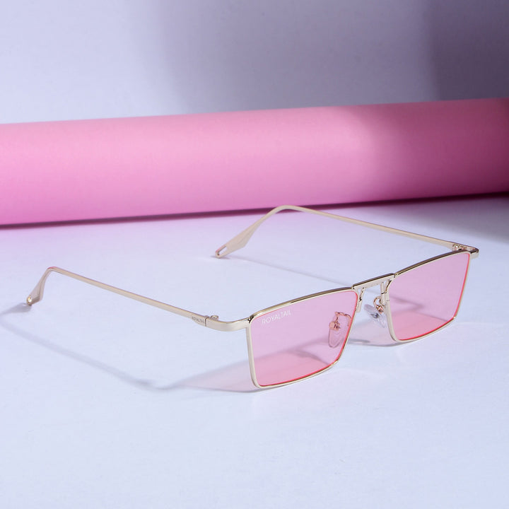 Gold rectangle sunglasses with pink lenses, photo 4