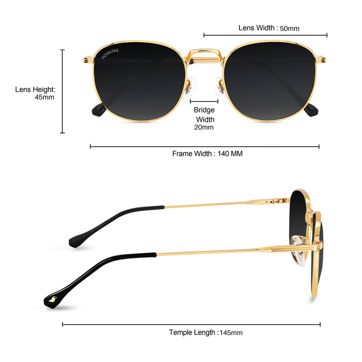 Frame measurements for gold round sunglasses with black lenses