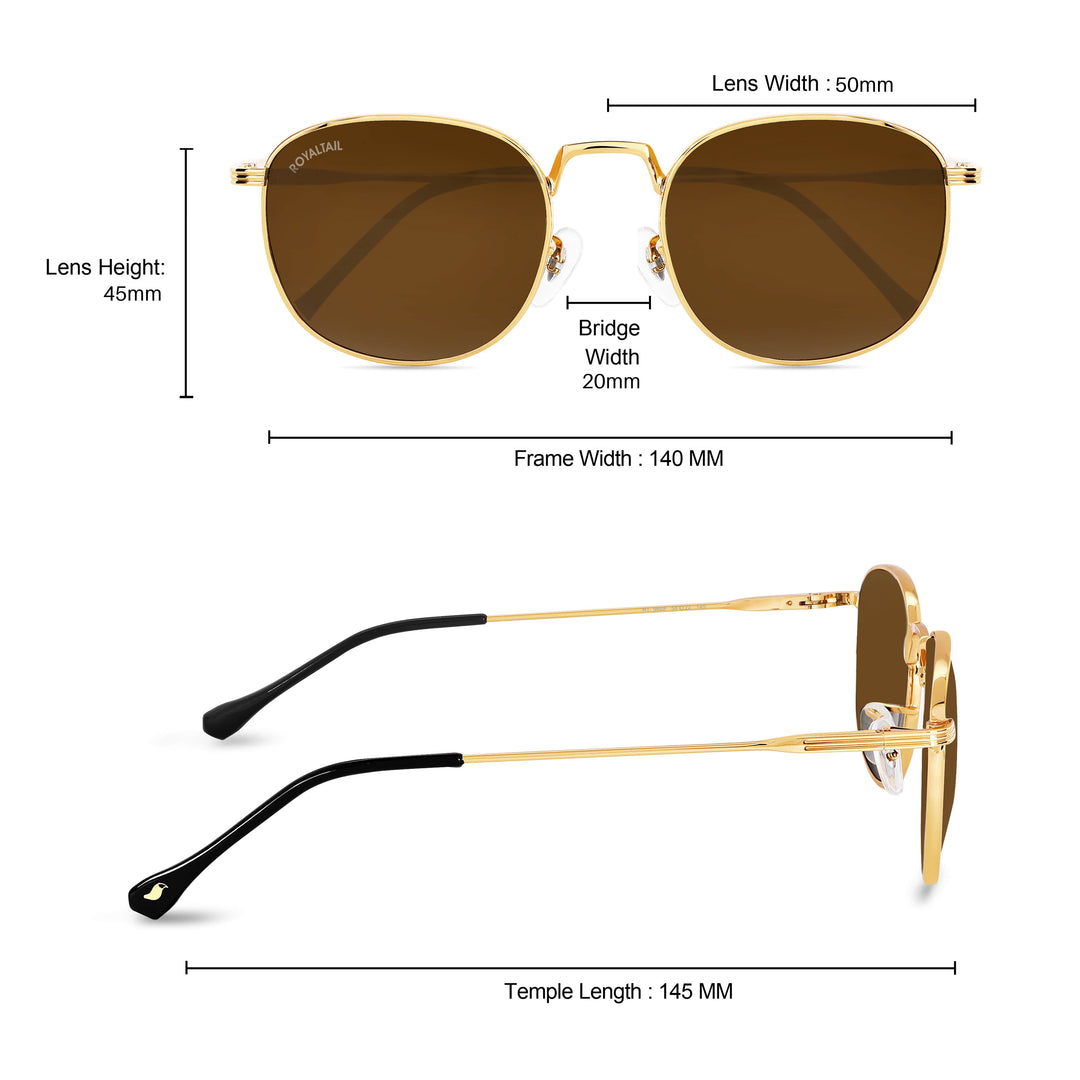 Frame measurements for gold round sunglasses with brown lenses