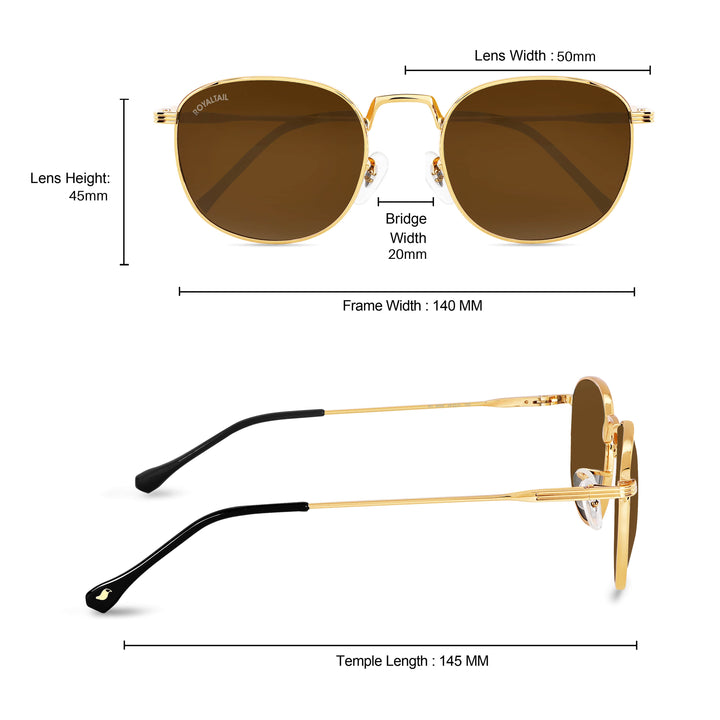 Frame measurements for gold round sunglasses with brown lenses