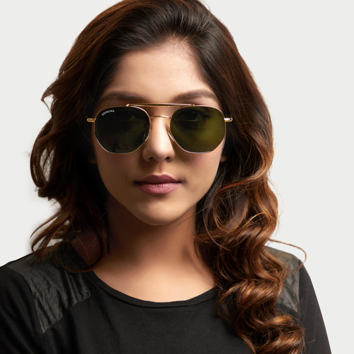 Round sunglasses for men and women, gold frame and green lenses