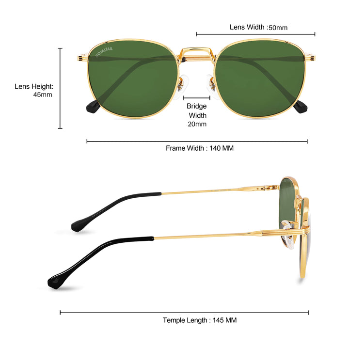 Frame measurements for gold round sunglasses with green lenses