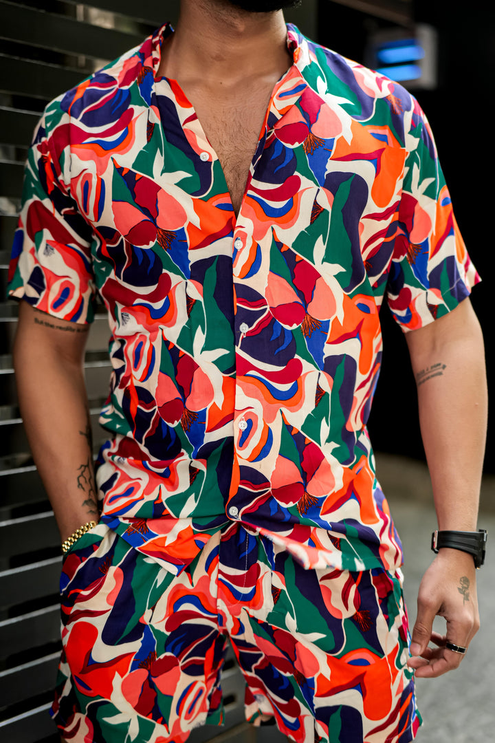 Men's Green & Orange Block Print Rayon Co-ord Set