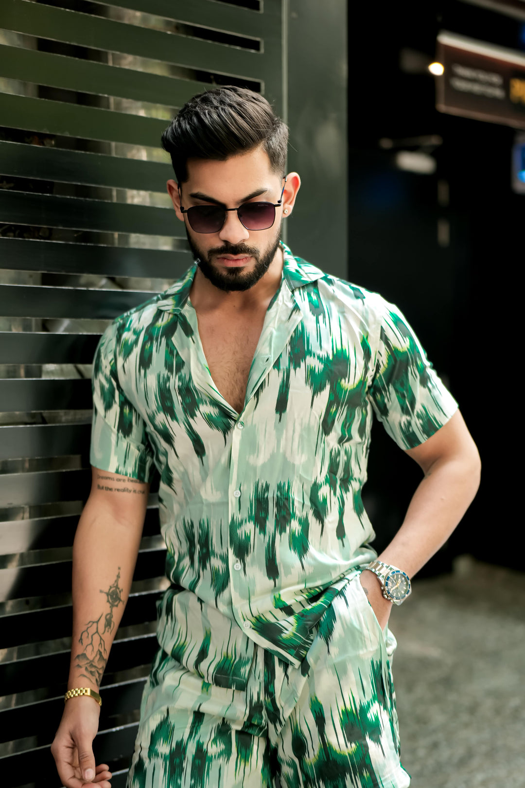 Green Matrix Print Rayon Co-ord Set for men, photo 5