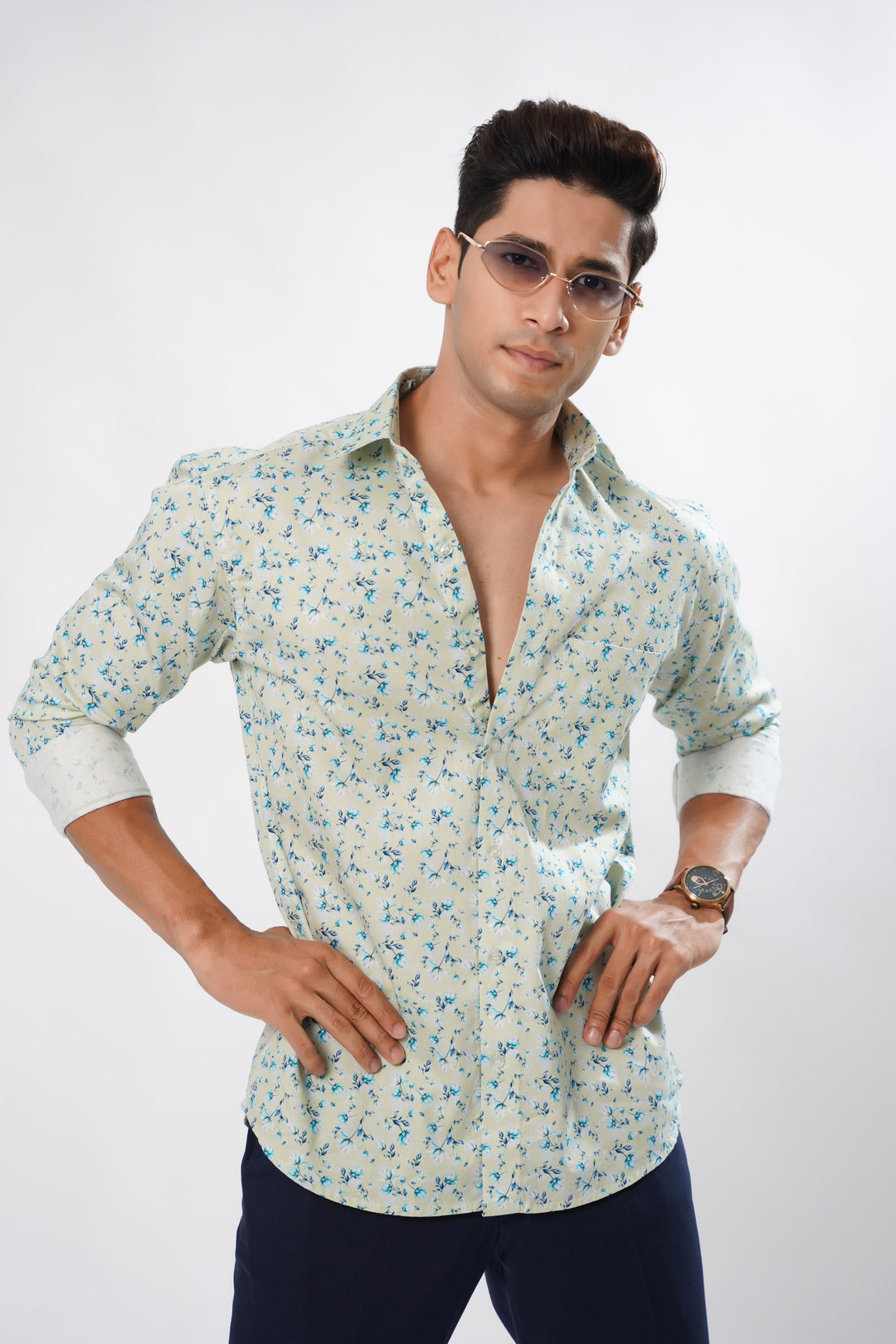 Grey & Blue Orchid Print Cotton Shirt for men – ROYALTAIL