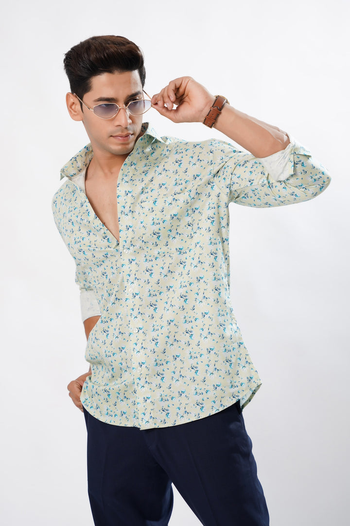 Men's Grey & Blue Orchid Print Cotton Shirt